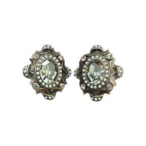 Heidi Daus Earrings Clip On, Peridot Crystal Cabochon, Faux Seed Pearls